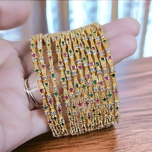 Gold Plated Bangle Set: Multi Color CZ Indian Bangles (12 pcs)