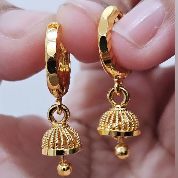 22k Real Dubai Gold P Hoops - Everyday Earrings -  Dangling Bell Hoops Gold - Slim Sleek Indian - Small Gold  Earrings - New Woman Earrings.
