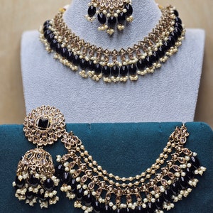 Gargantilla con polki dorado: joyería india Kundan con cadena para la oreja black