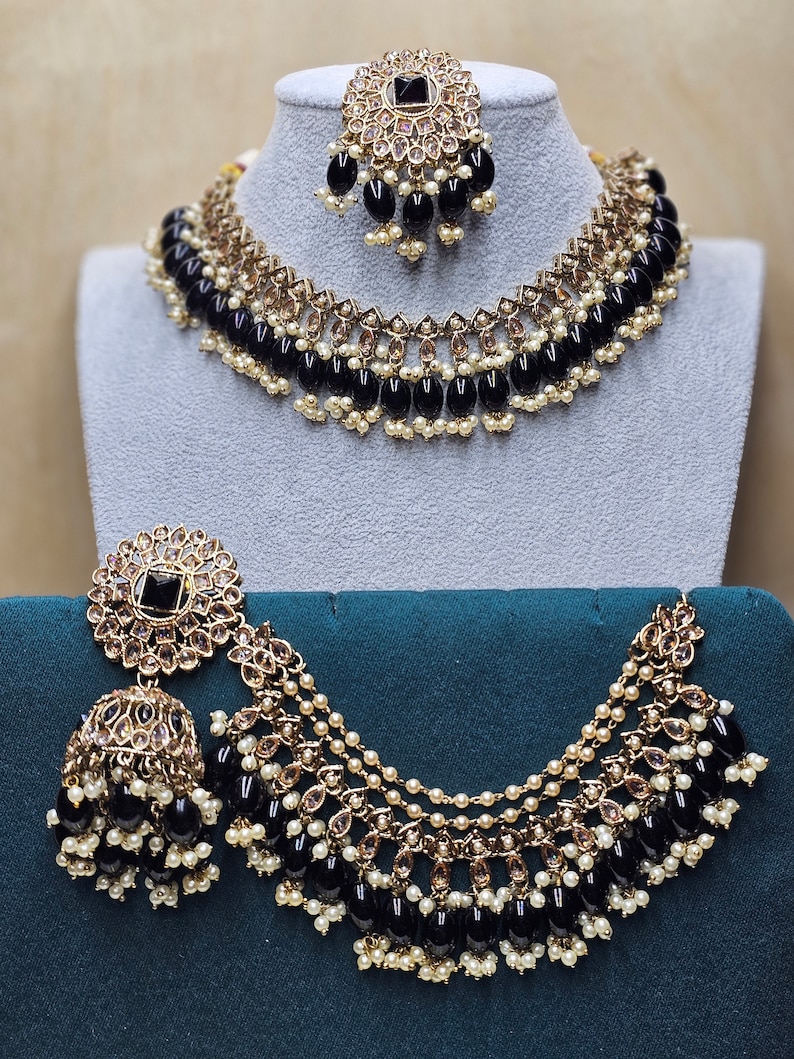 Gargantilla con polki dorado: joyería india Kundan con cadena para la oreja black