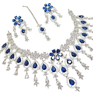 Sapphire Blue CZ Indian Jewelry Set: White Gold Plated Necklace & Earrings