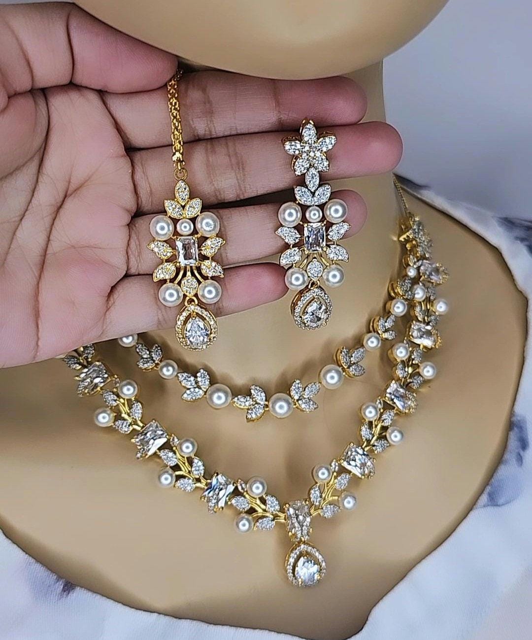 Pearl Necklace Set: American Diamond Indian Jewelry With Tikka