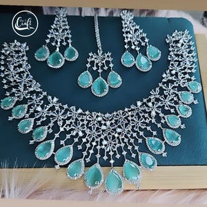 Silver/mint American diamond necklace set/Indian necklace/cz necklace/earrings tikka set/waterfall necklace/Dangling necklace