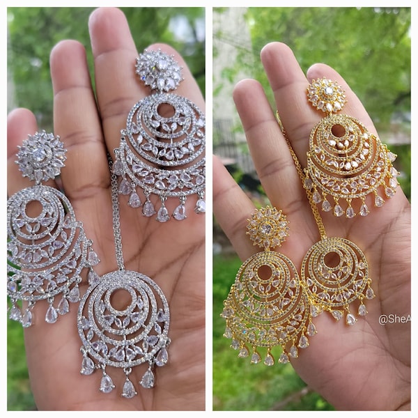 Gold Cz Diamond Indian Chandbalis - Chandler Earrings Tikka Set in White  Gold - Big American diamond  Moon Earrings Mang Tikka Bridal Look