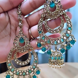 Gold Chandbali Earrings Tikka Set: Indian Jewelry