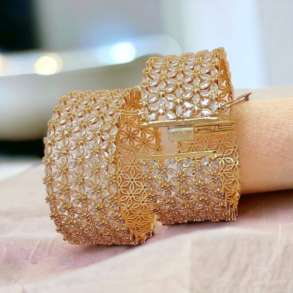 Gold  Bangle- Cubic Zirconia  Cz- AD Breclate-Diamond Cuff- Indian Bangle-Designer Charms- Gold Bracelet- Diamond Kada- Openable AD Kangan