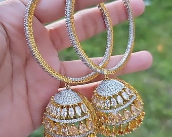 Orecchini Jhumka oro-vittoriano nero rosa-Orecchini speranza diamante Jhumki -Orecchini leggeri oversize-Desi Indian Dimond Jhumkas - Fatti a mano