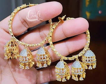 Orecchini Jhumka a cerchio in oro: orecchini pendenti con diamanti CZ indiani