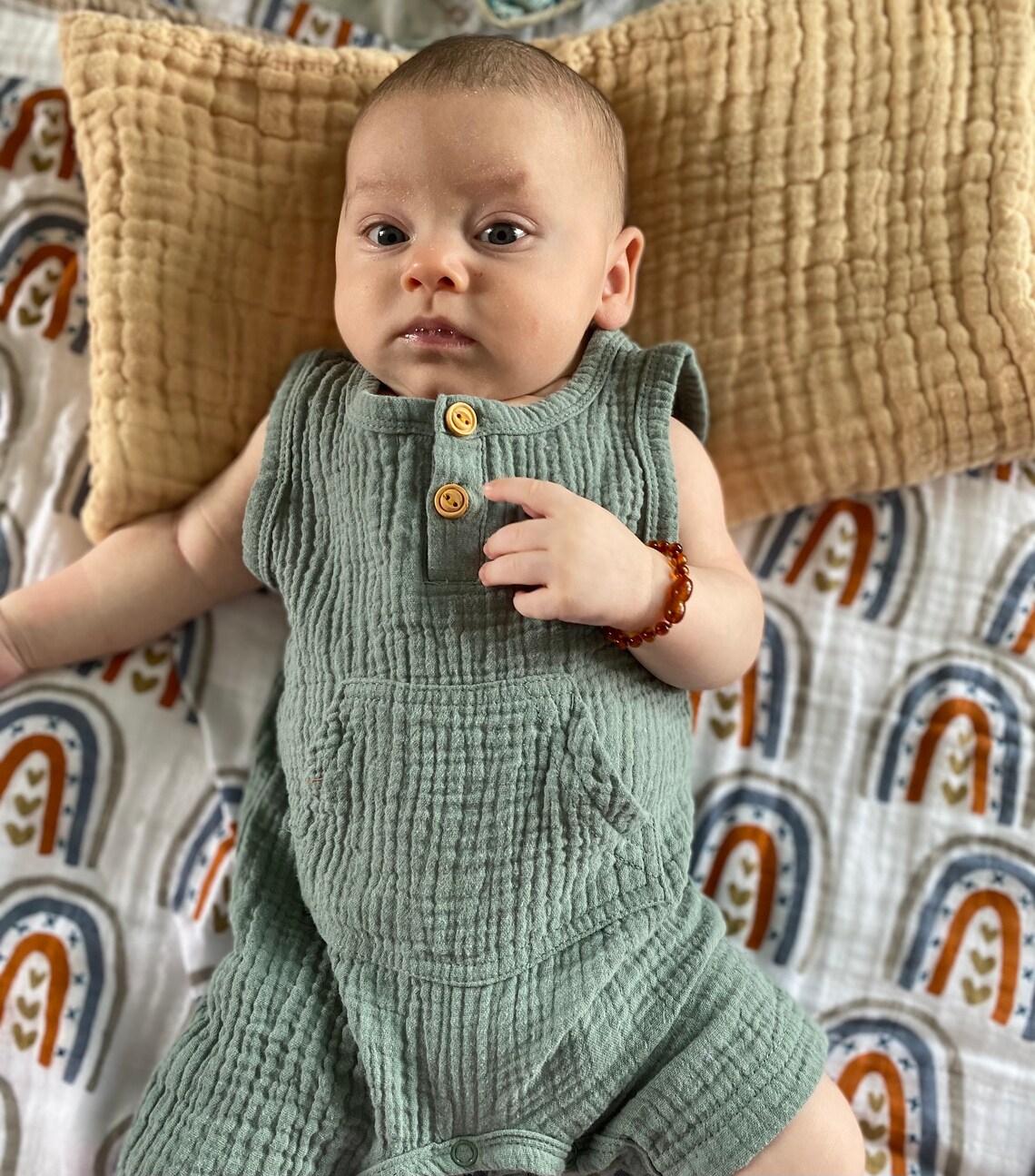 Boys Cotton Muslin Gauze Romper Onesie Boho Baby Sage Etsy