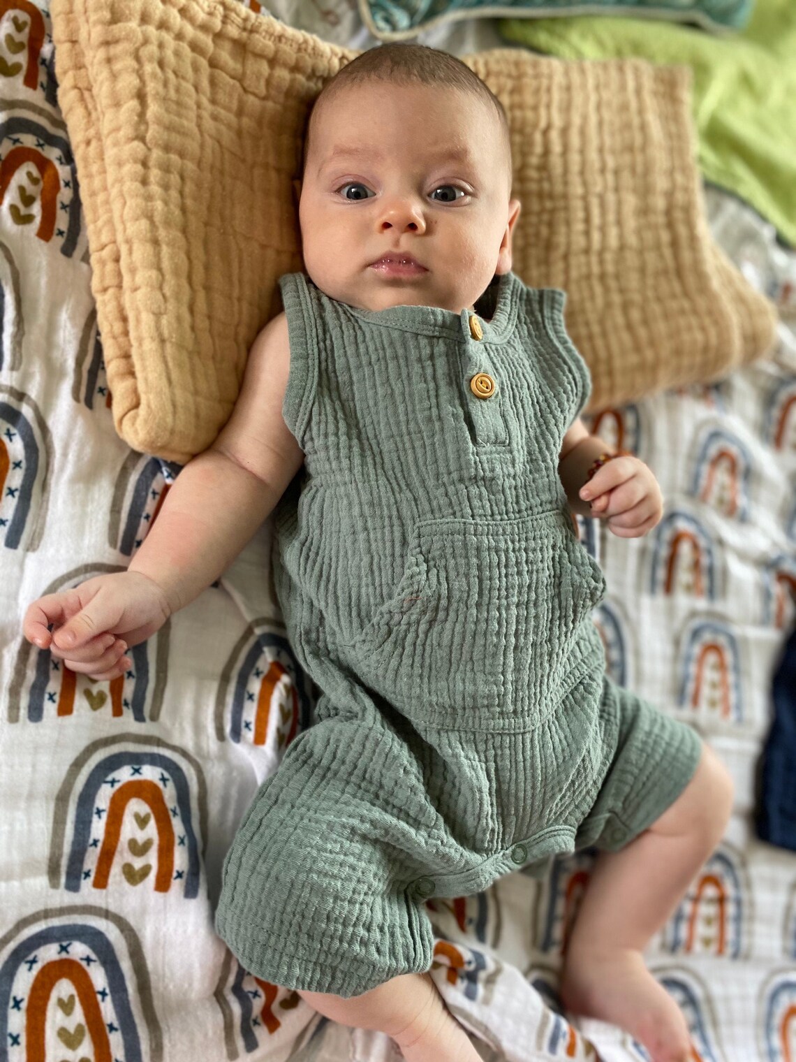 Boys Cotton Muslin Gauze Romper Onesie Boho Baby Sage Etsy