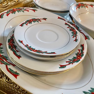 Vintage Christmas China, Poinsettia & Ribbons Fine China Holiday Plates Soup or Salad Bowls Saucers Serving Tray Platter Serving Bowl for 2