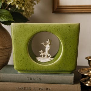 Green Vintage Vase Howard Pierce Cameo Boy with Dog, Mid-Century Modern Pottery, Fishing Decor