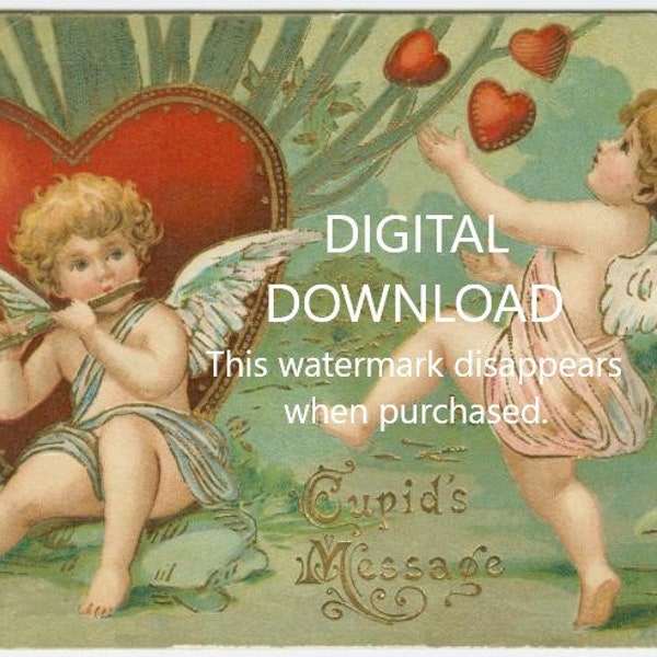 Victorian Valentines Day Card Printable Digital Download "Cupids Message" Cherubs Hearts Wings 1910 Valentines Day Card Antique Valentines