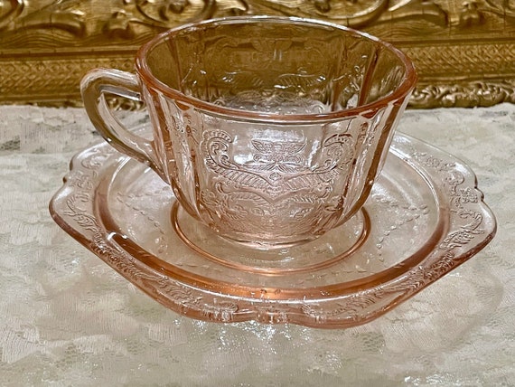 Vintage Pink Depression Glass Cups and Saucers Set Madrid Pattern