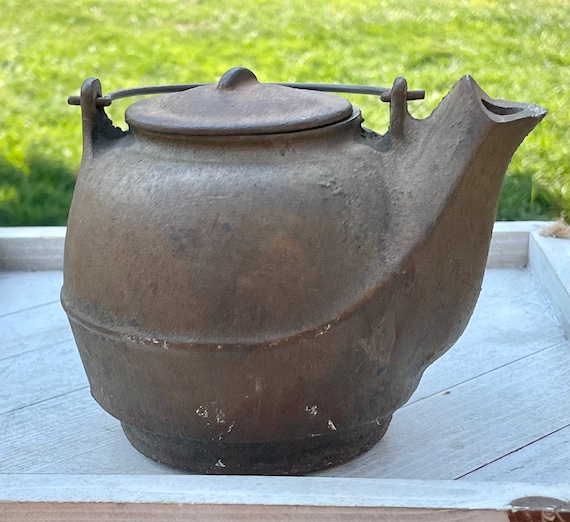Large Antique Cast Iron Kettle Pot With Bird Spout, Swivel Lid