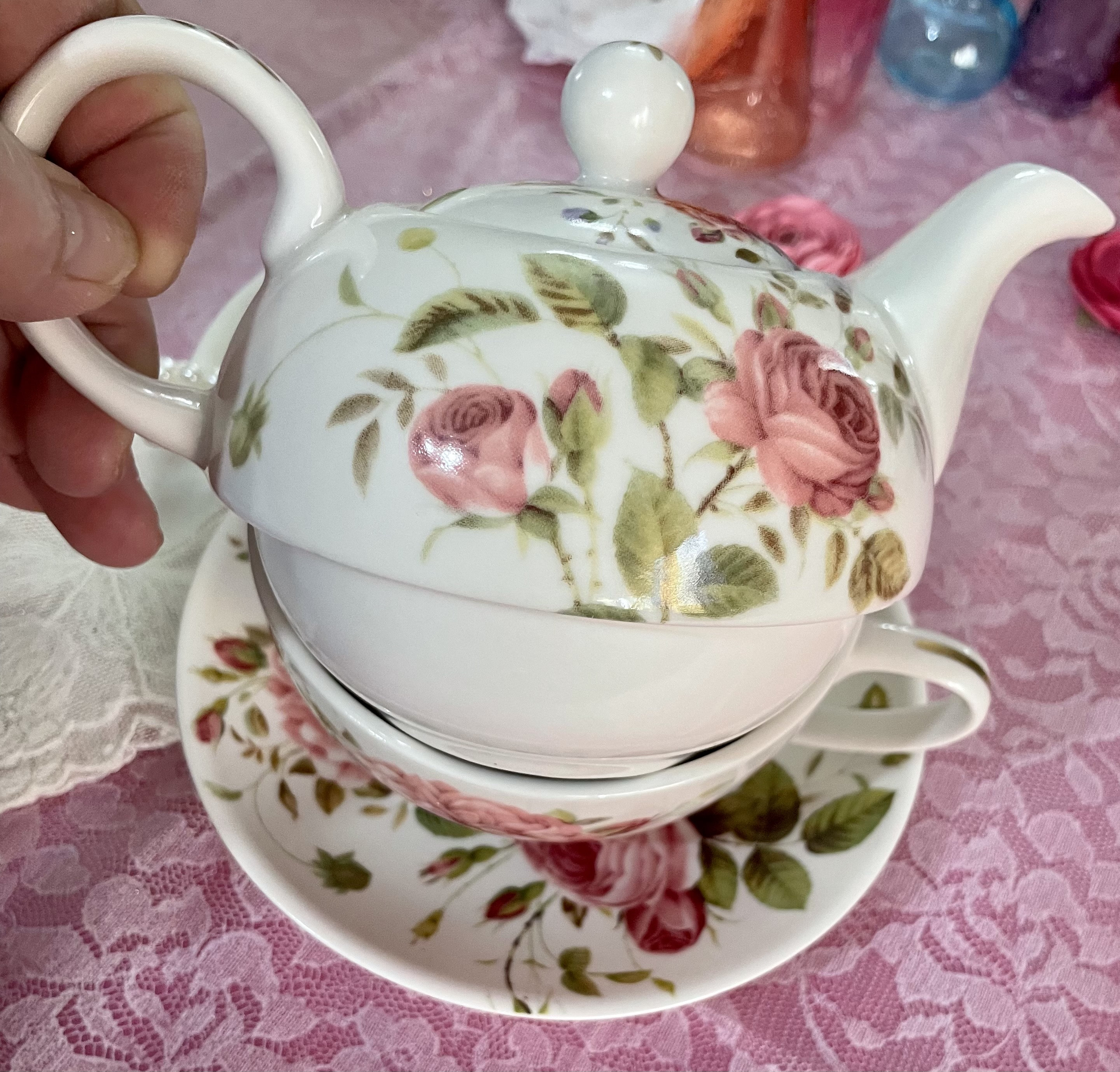 Tea Cup Saucer Tea Pot Set Tea Party Supplies and Table Decorations Pink Rose Tea Cup Set Gift for Tea Lover Drinker Self