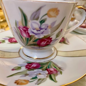 Vintage Tea Cup Set: Floral Stripes, Gold Trim - Made in Japan