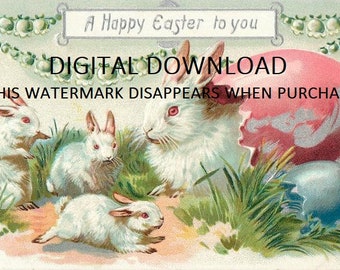 Vintage Easter Card Printable: 1910 Antique Bunny & Eggs (Digital Download)