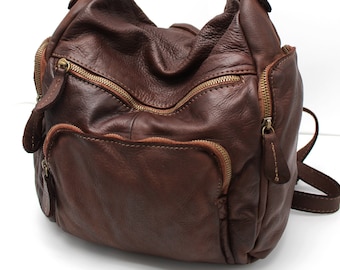 Backpack in Soft Leather Shoulder Bag Dark Brown Soft Leather Purse