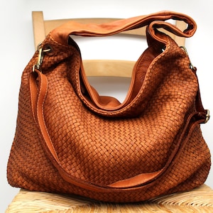Leather Handbag Italy Leather Bag Woven Soft Leather Bellagio Large hobo bag BROWN