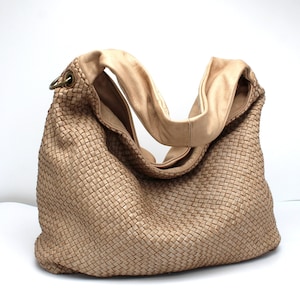 Leather Handbag Italy Leather Bag Woven Soft Leather Bellagio Large hobo bag BEIGE