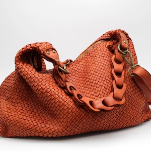 Leather Handbag Soft Leather Bag Woven Leather Handmade Women Hobo Bag Brown