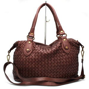 Bolso de cuero Monedero de cuero suave tejido para mujer Dark Brown