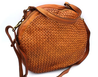 Leather round bag Leather Cross body bag small Purse Woven Leather Sling bag