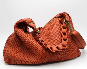 Leather Handbag Soft Leather Bag Woven Leather Handmade Women Hobo Bag