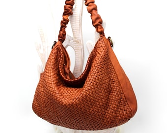 Borsa a tracolla in pelle intrecciata, morbida borsa tote intrecciata marrone per donna