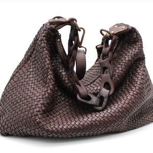 Leather Handbag Soft Leather Bag Woven Leather Handmade Women Hobo Bag Dark Brown
