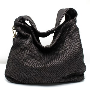 Leather Handbag Italy Leather Bag Woven Soft Leather Bellagio Large hobo bag BLACK