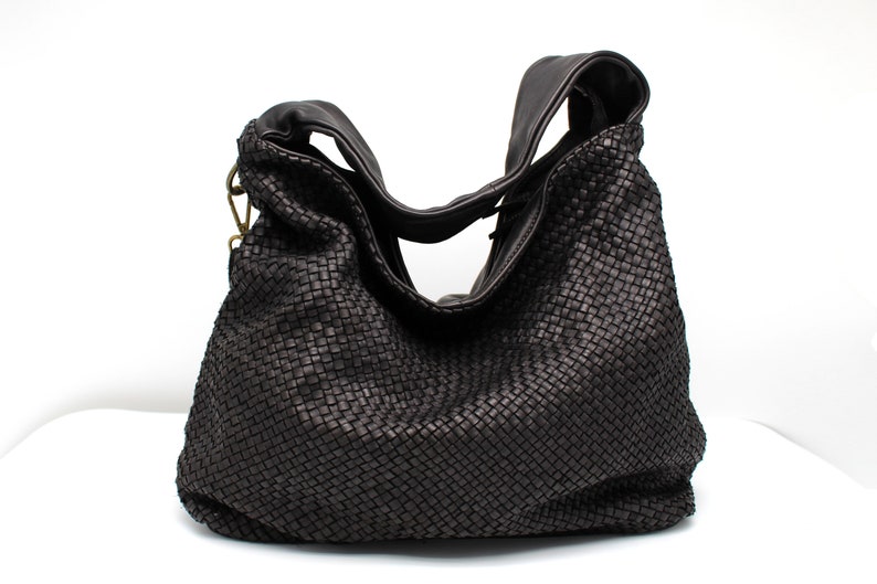 Leather Handbag Italy Leather Bag Woven Soft Leather Bellagio Large hobo bag BLACK