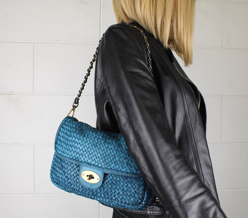 Leather Handbag Italy Leather Bag Woven Soft Leather Cross-body Bag Small Purse Soft Totes Bag Turquoise