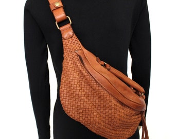 Woven Leather Sling Bag: Handmade Italian Leather Fanny Pack