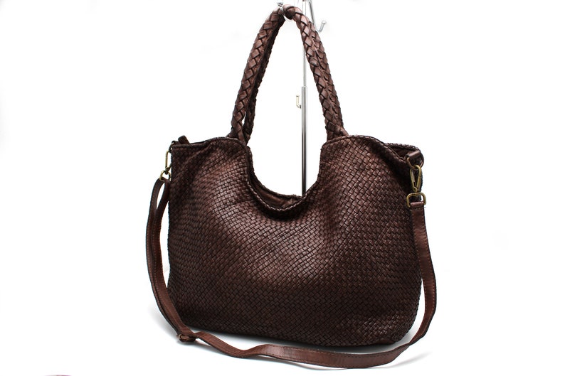 Leather Handbag Italy Leather Bag Woven Hobo Soft Leather Woven Totes image 3