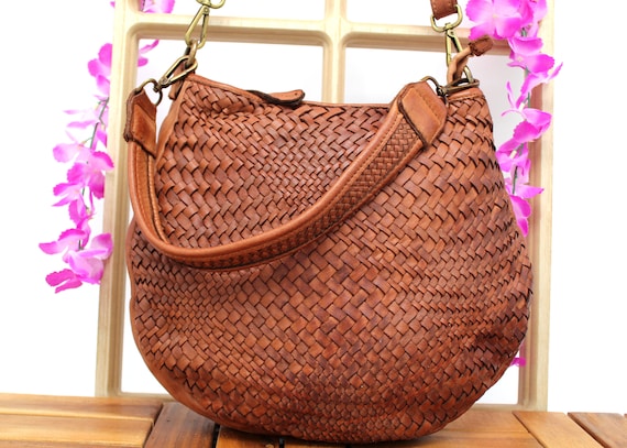 Woven Leather Bag half moon Handbag, cowhide leather bag for women
