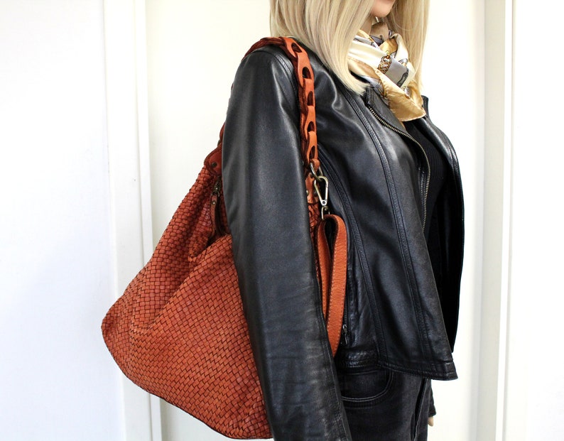 Leather Handbag Soft Leather Bag Woven Leather Handmade Women Hobo Bag image 10