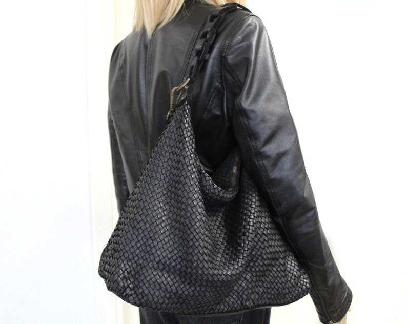 Leather Handbag Soft Leather Bag Woven Leather Handmade Women Hobo Bag image 8