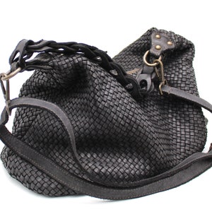 Leather Handbag Soft Leather Bag Woven Leather Handmade Women Hobo Bag Black
