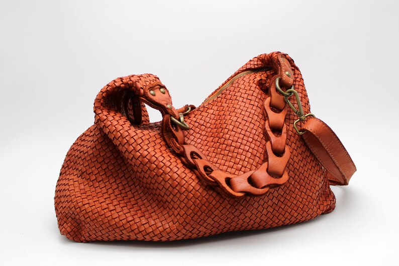 Leather Handbag Soft Leather Bag Woven Leather Handmade Women Hobo Bag Brown