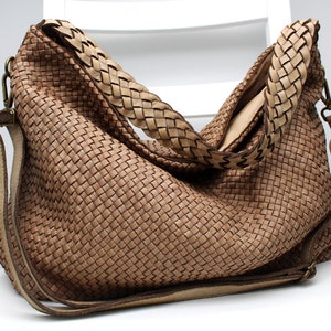 Leather Handbag Soft Leather Bag Woven Leather Handmade Beige