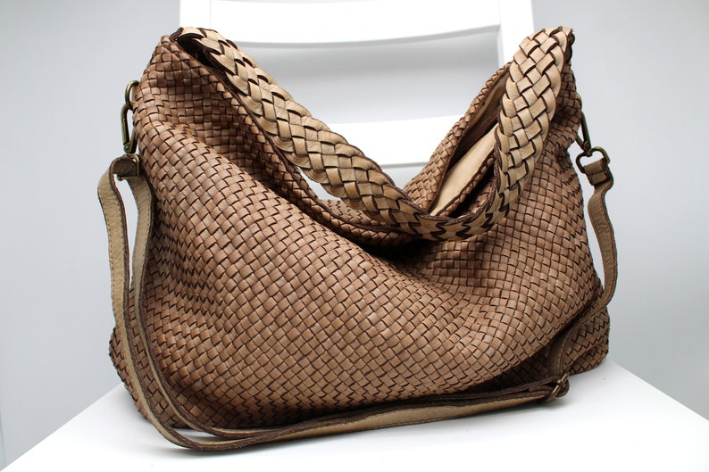 Leather Handbag Soft Leather Bag Woven Leather Handmade Beige