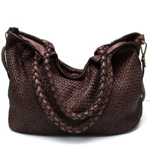 Leather Handbag Italy Leather Bag Woven Hobo Soft Leather Woven Totes Dark Brown