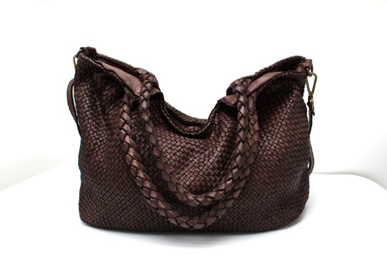 Leather Handbag Italy Leather Bag Woven Hobo Soft Leather Woven Totes Dark Brown