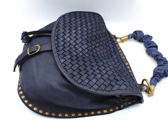 Leather Bag Soft Leather Shoulder Bag Woven Crossbody Handbag Navy Blue