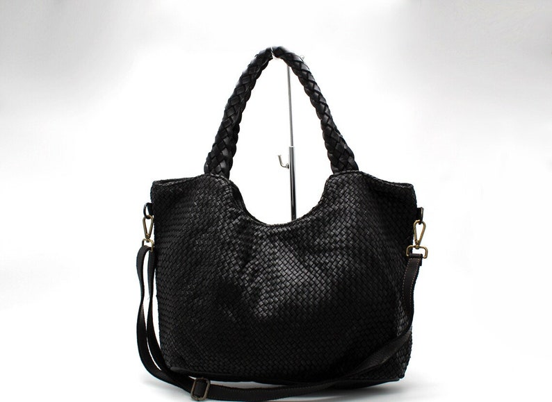 Leather Handbag Italy Leather Bag Woven Hobo Soft Leather Woven Totes Black