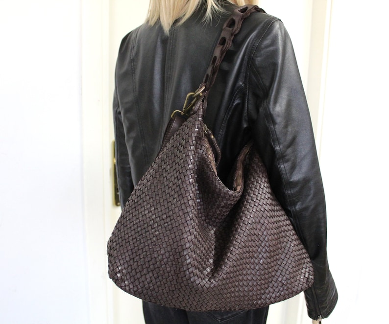 Leather Handbag Soft Leather Bag Woven Leather Handmade Women Hobo Bag image 9