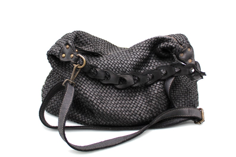 Leather Handbag Soft Leather Bag Woven Leather Handmade Women Hobo Bag image 7