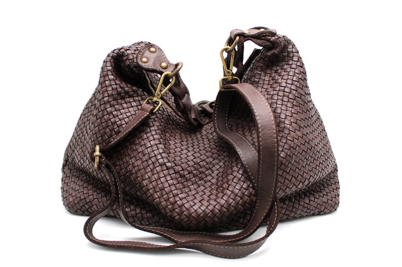 Leather Handbag Soft Leather Bag Woven Leather Handmade Women Hobo Bag image 4